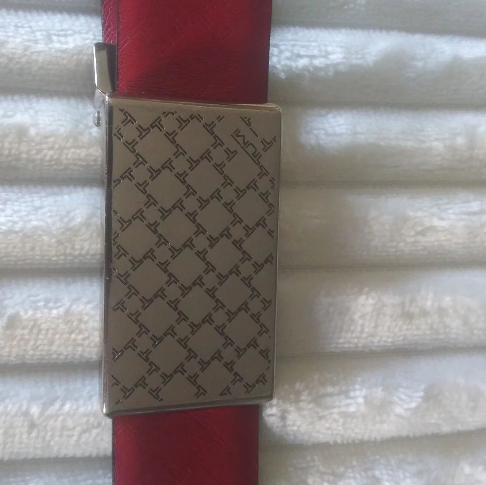 Tumi Reversible Red and Black Leather Belt with Silver Buckle